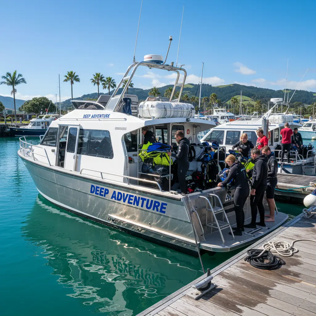 Dive charter boat at Tutukaka Marina preparing for Poor Knights trip