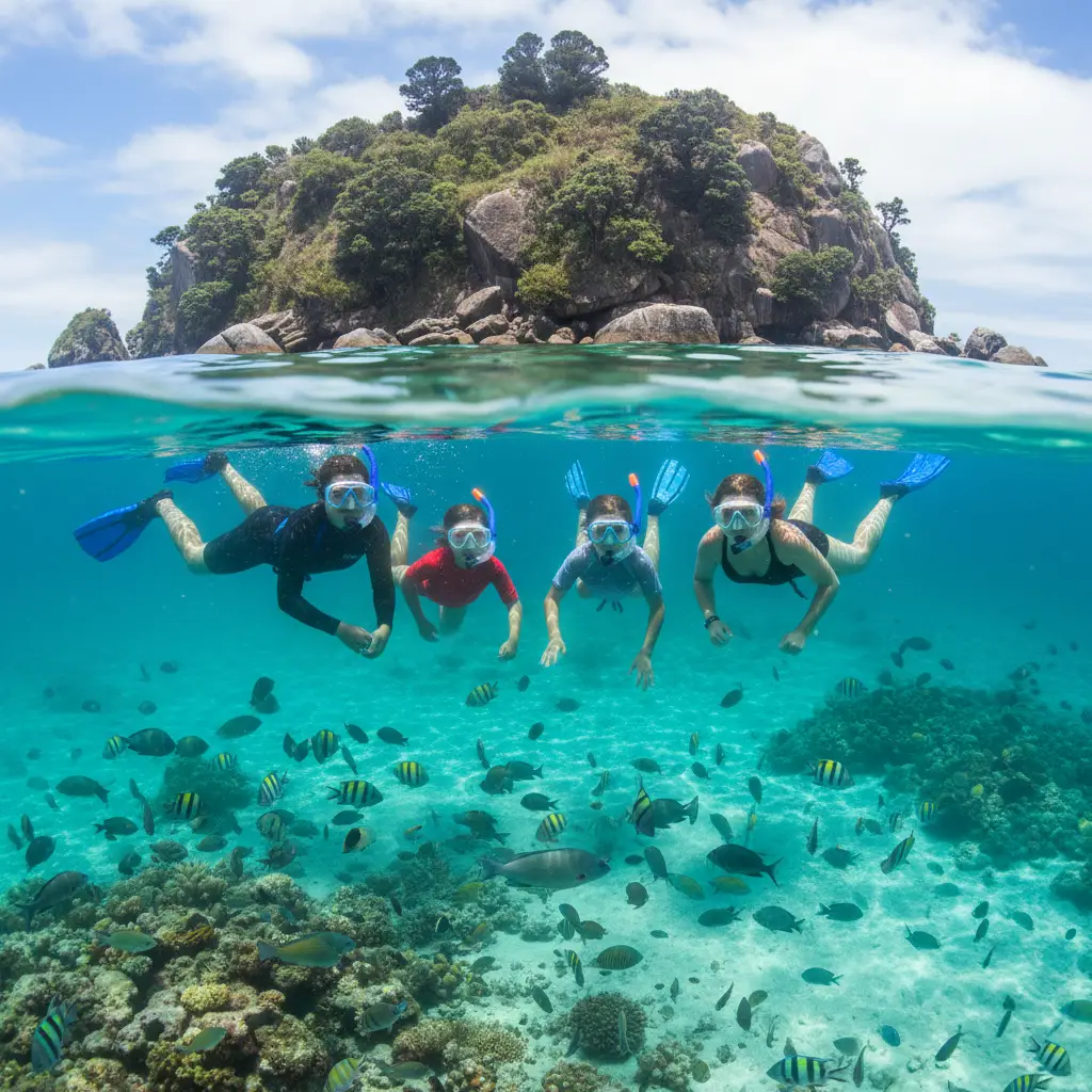 Family snorkeling in shallow water at Goat Island