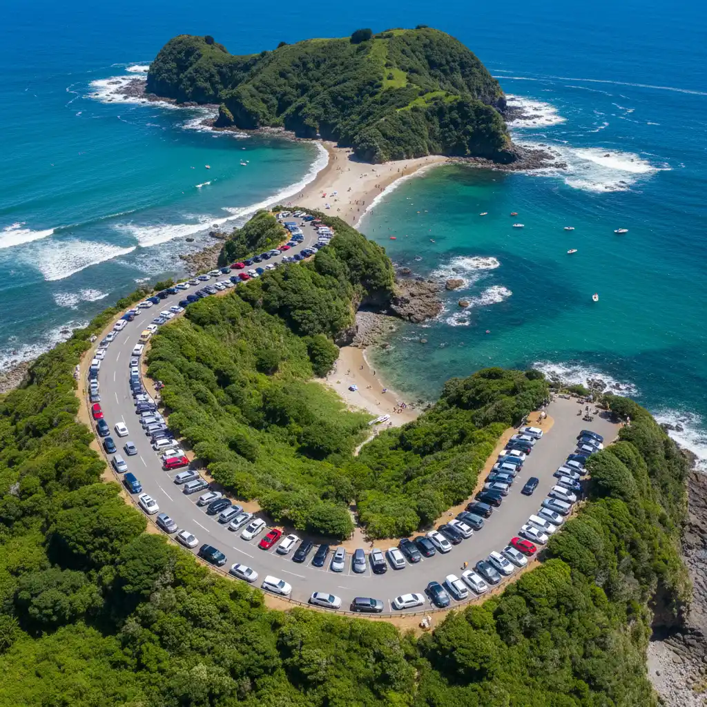 Aerial view of Goat Island parking and coastline