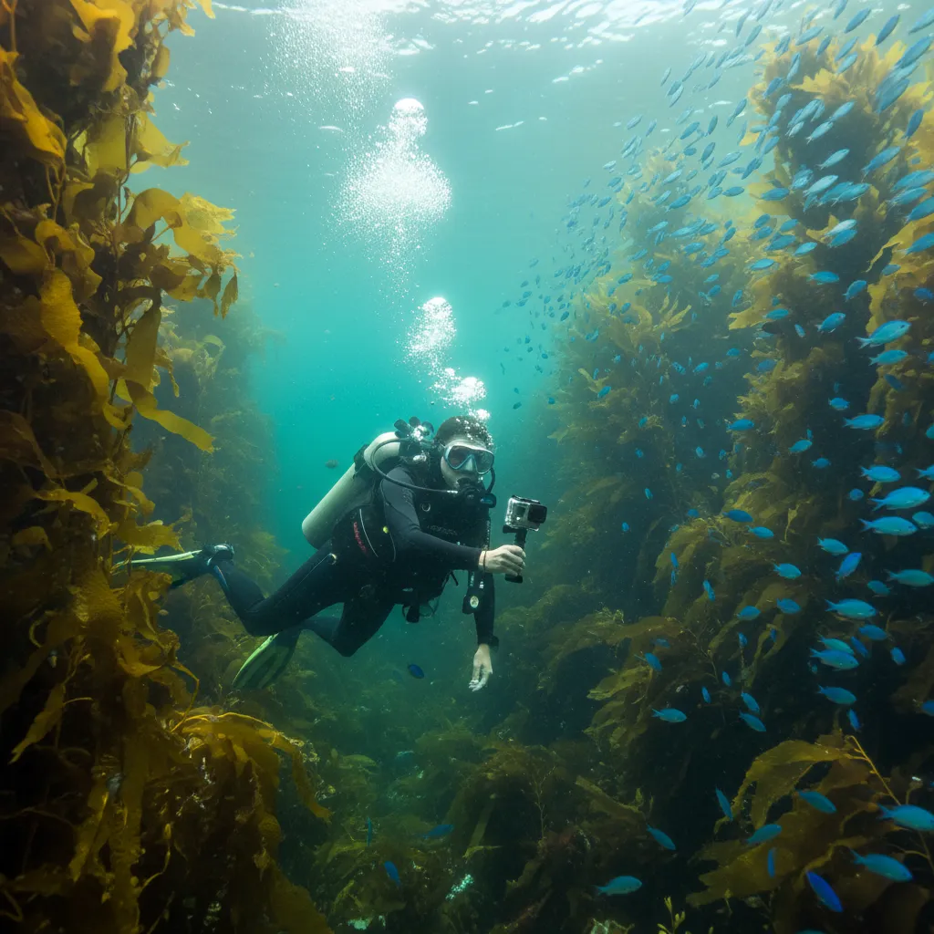 Diver filming in NZ kelp forest with action camera