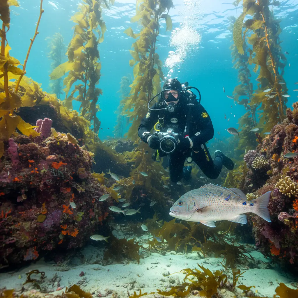Diver enjoying 20m+ visibility during a New Zealand winter dive