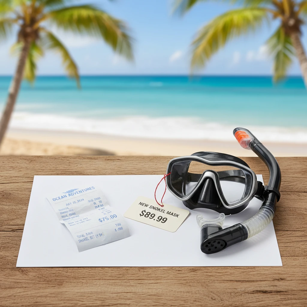 Cost comparison of snorkeling rental receipts versus buying new gear