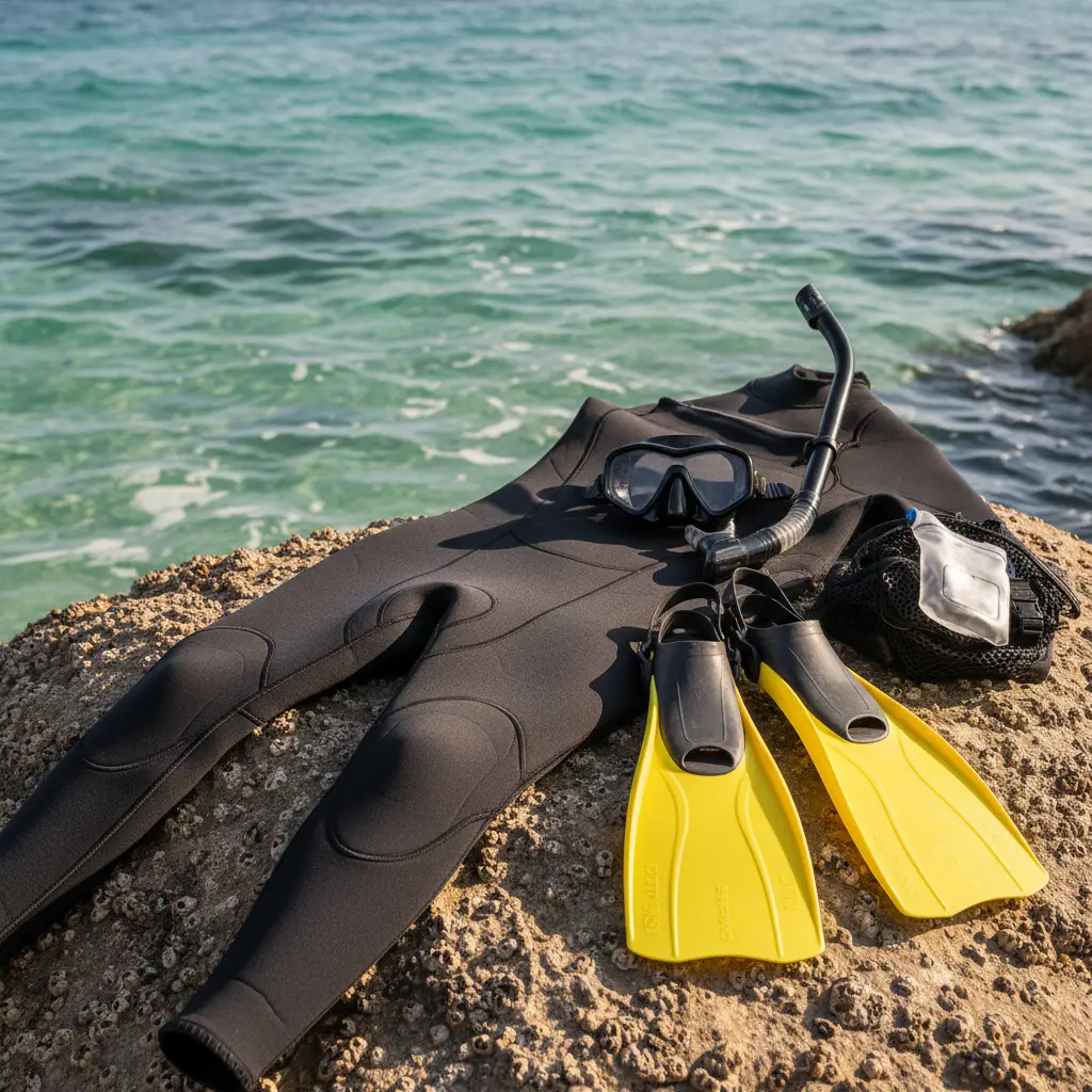 Essential snorkeling gear including wetsuit and fins