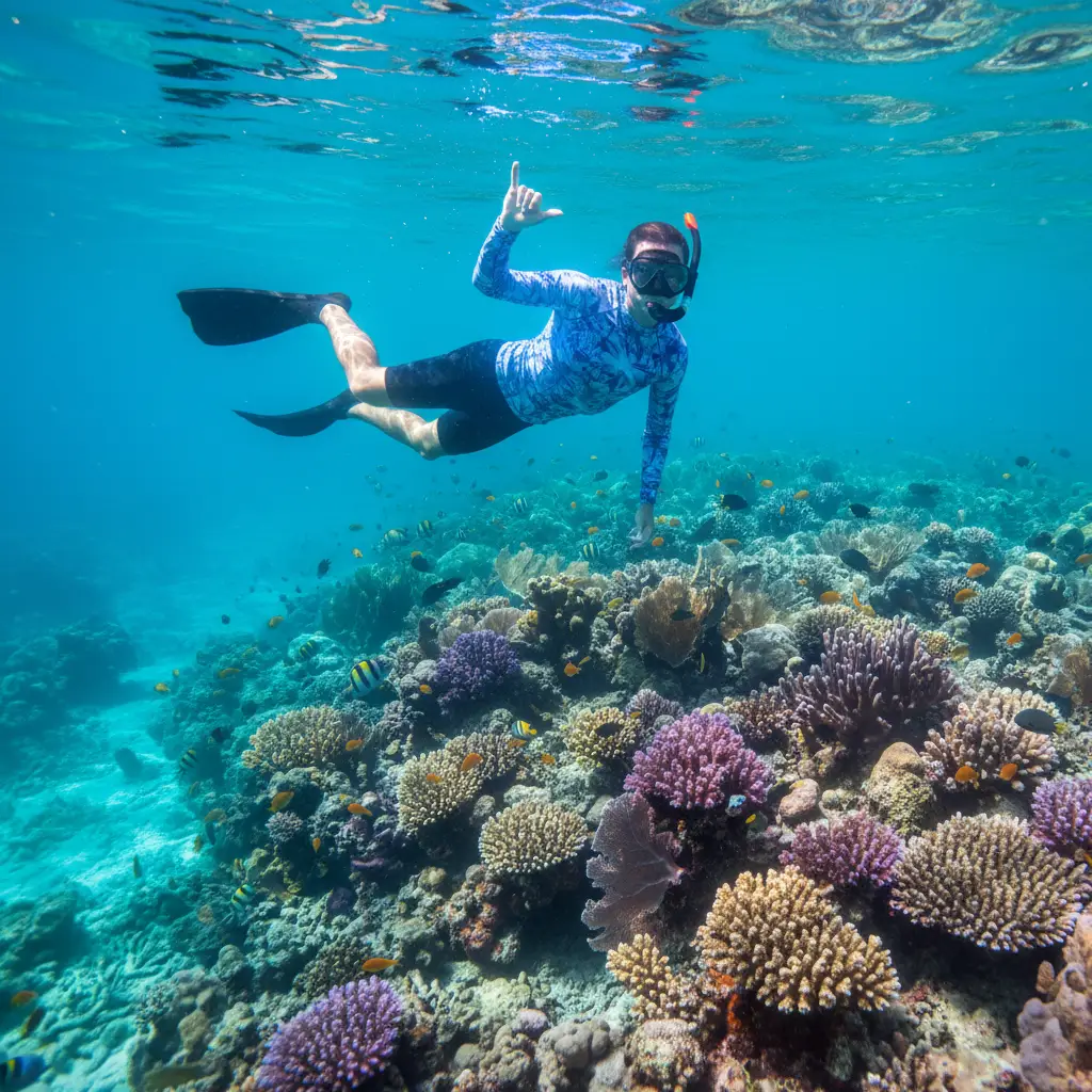 Snorkeler practicing good buoyancy and wearing protective clothing