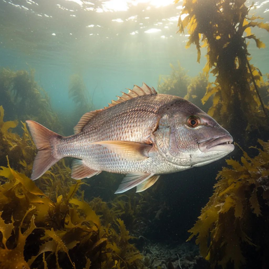 Close up underwater shot of a large New Zealand Snapper swimming through a kelp forest