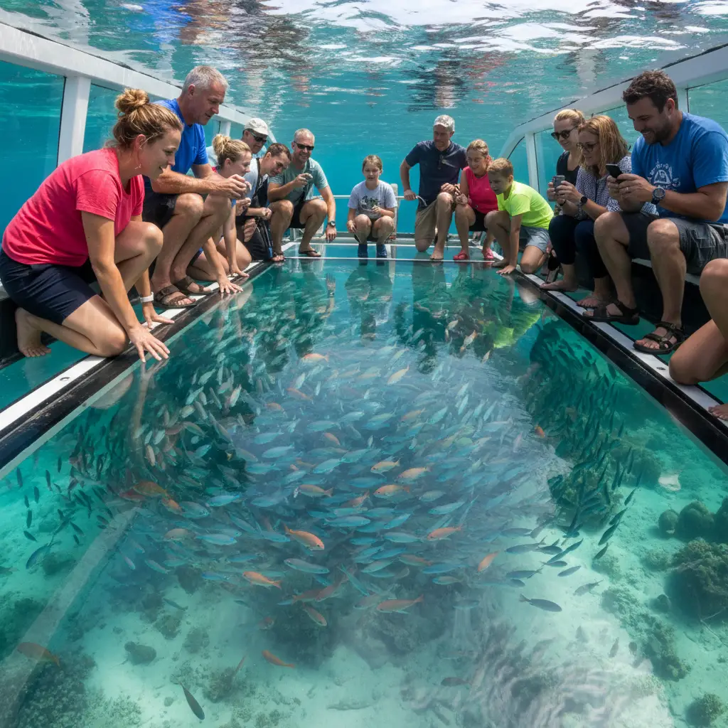 Tourists looking through the glass bottom boat at Goat Island