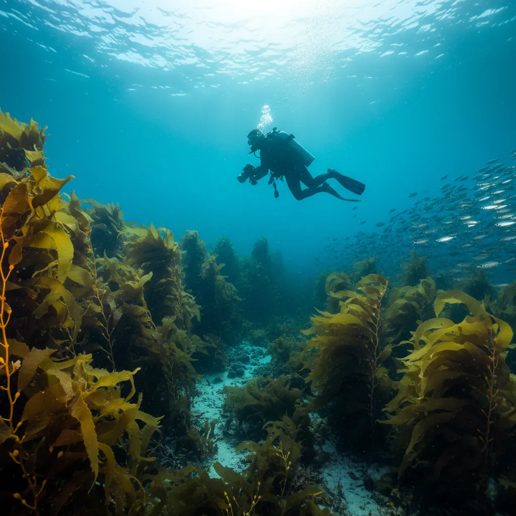 Scuba diver navigating the kelp forest at Goat Island