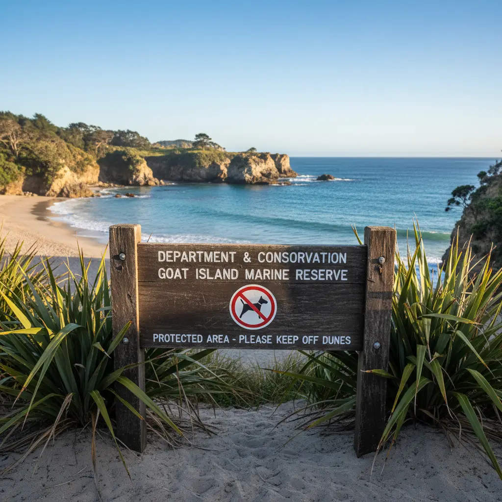Warning sign at Goat Island Marine Reserve indicating no dogs allowed with coastline in background