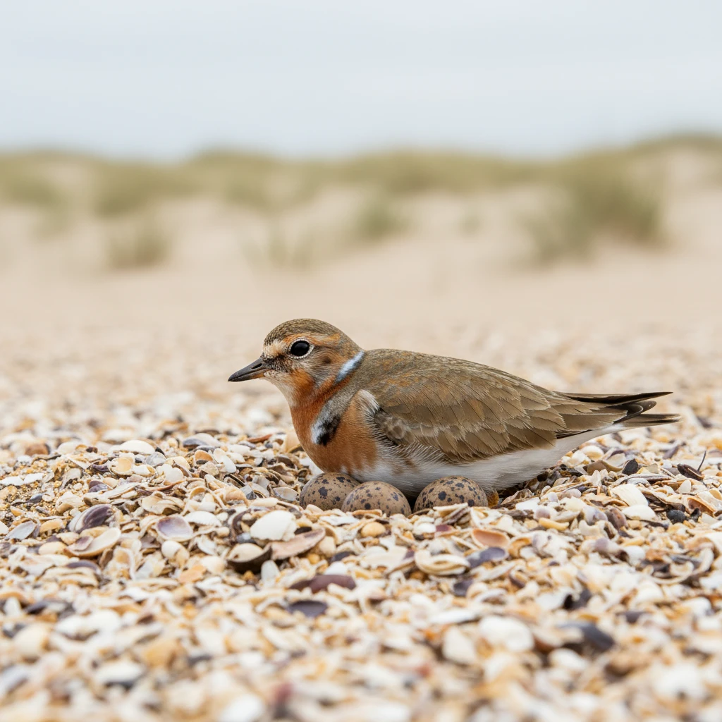 New Zealand Dotterel nesting in sand and shells camouflaged