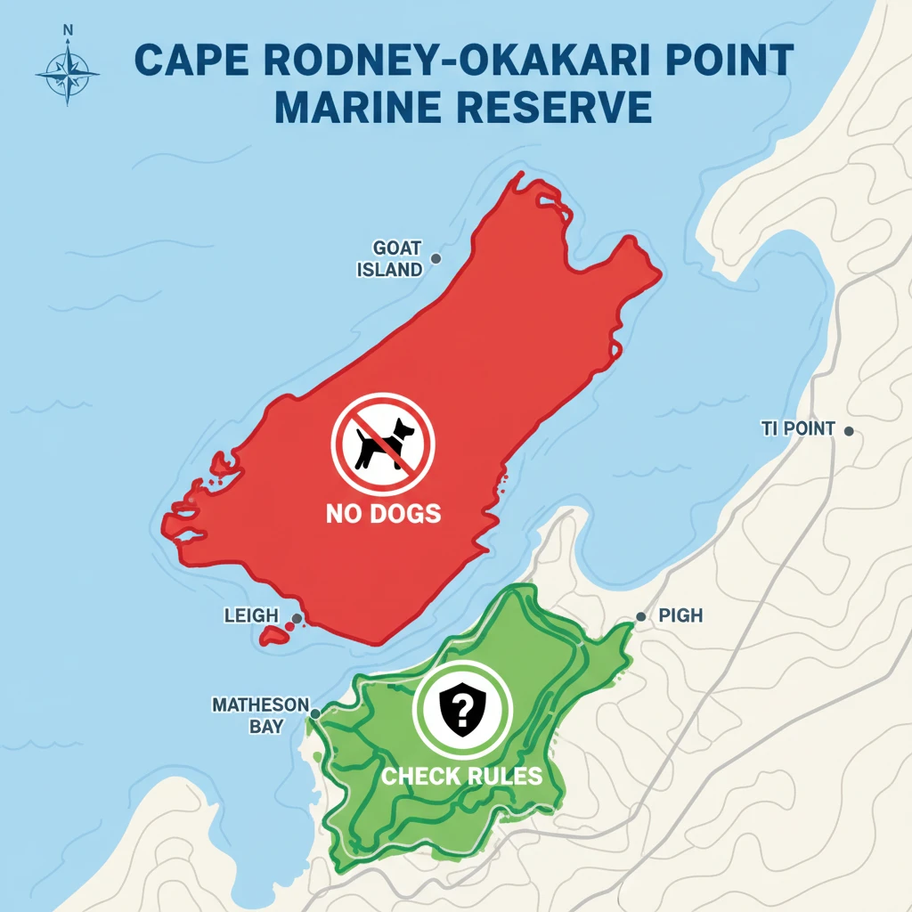 Map visualization showing Goat Island Marine Reserve boundaries vs nearby dog friendly areas
