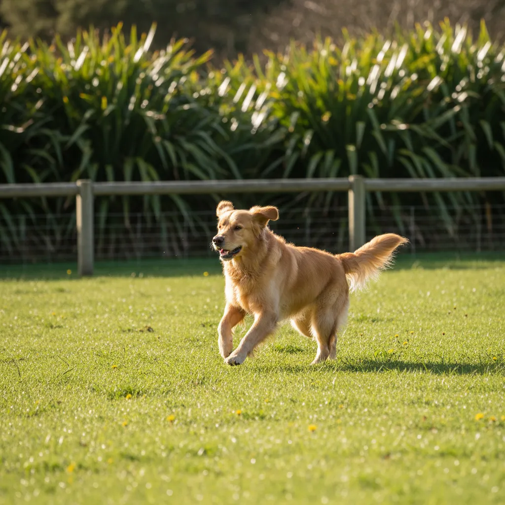 A golden retriever running happily in a grassy fenced paddock in Matakana New Zealand