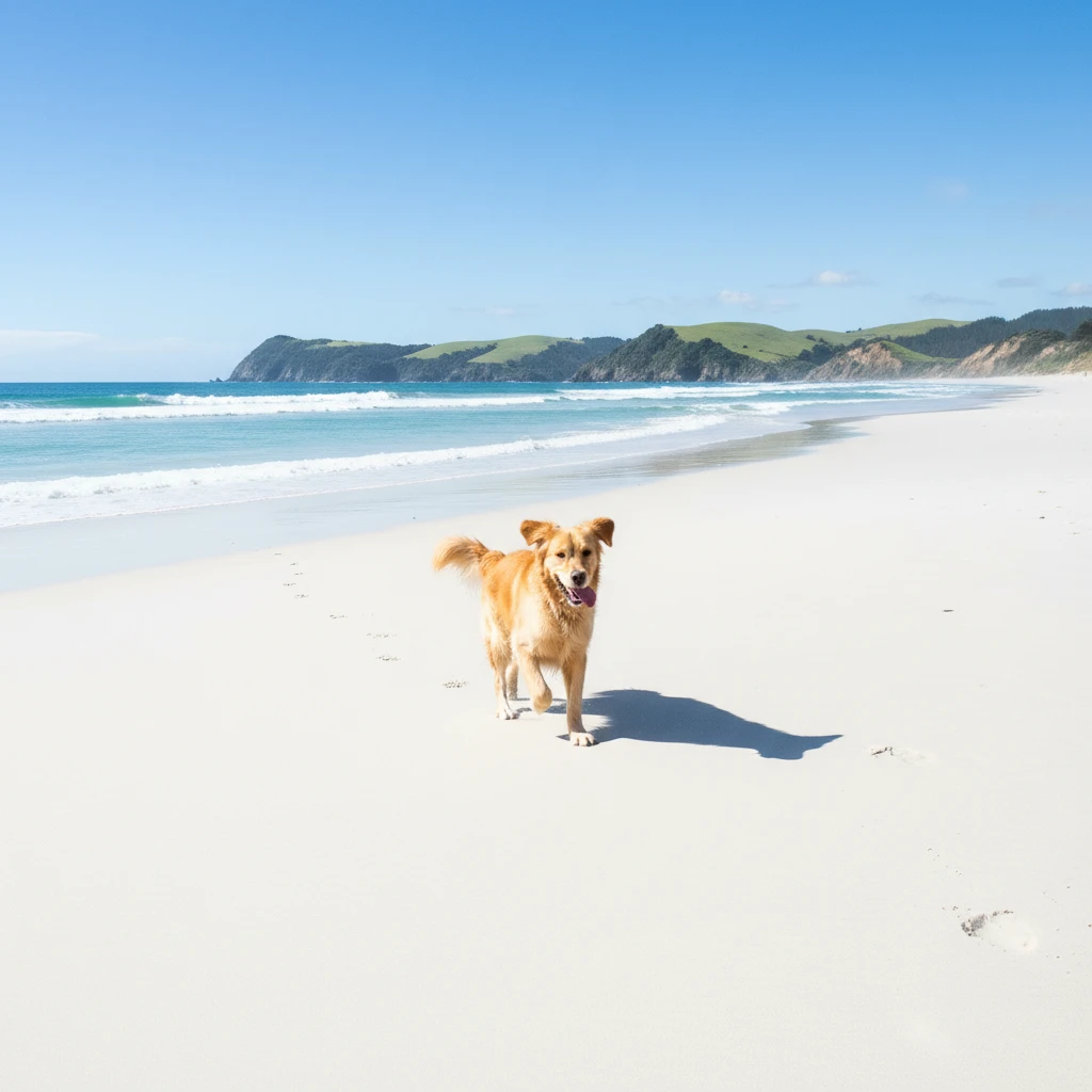 Golden Retriever running on the white sands of Pakiri Beach near Leigh