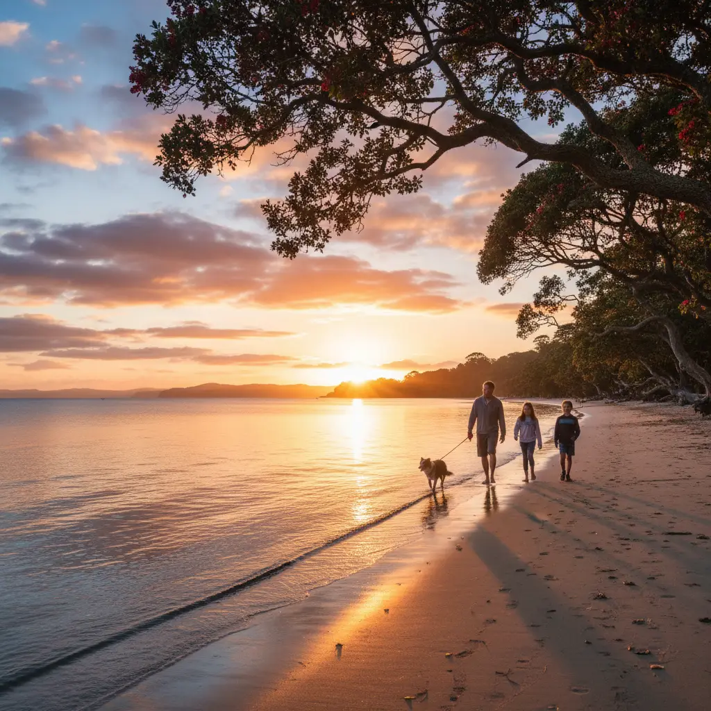 Family with dog at Mathesons Bay calm waters