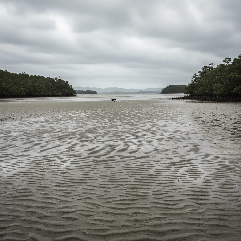 Dog running on Whangateau Harbour sand flats at low tide