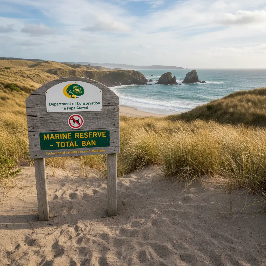 A clear Department of Conservation warning sign at a beach entrance stating No Dogs allowed in the marine reserve