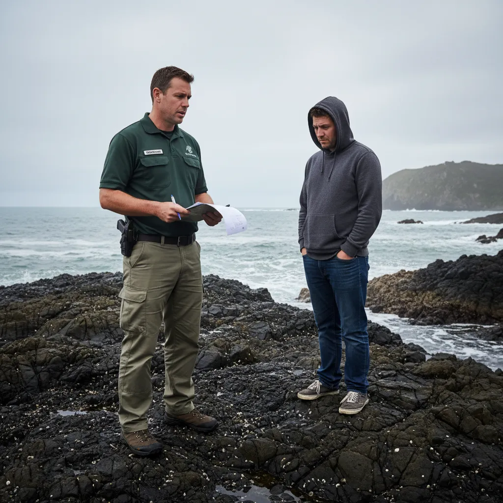 A DOC ranger in uniform speaking with a member of the public on a rocky shoreline