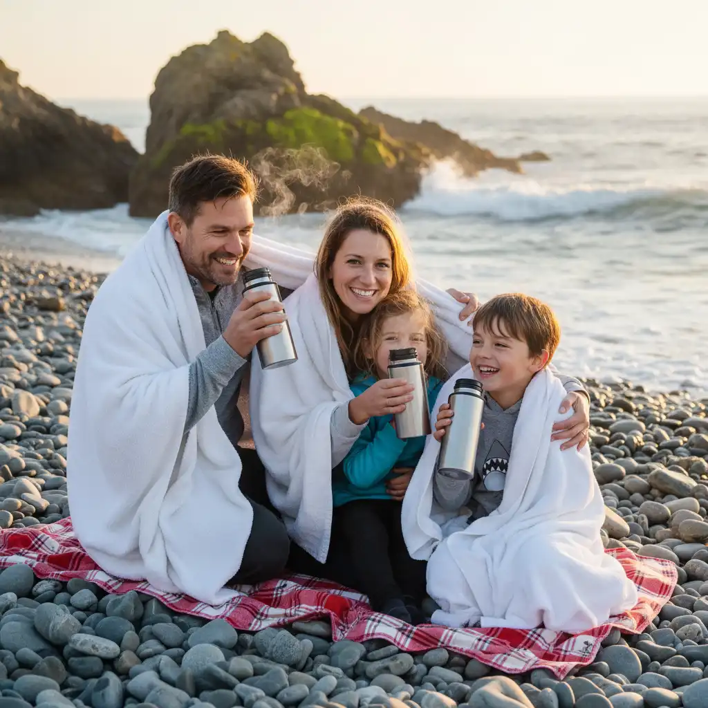 Family keeping warm with towels and hoodies after swimming in New Zealand