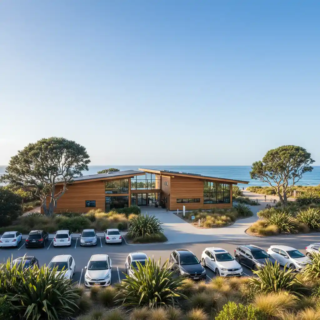 Exterior of Marine Discovery Centre with parking