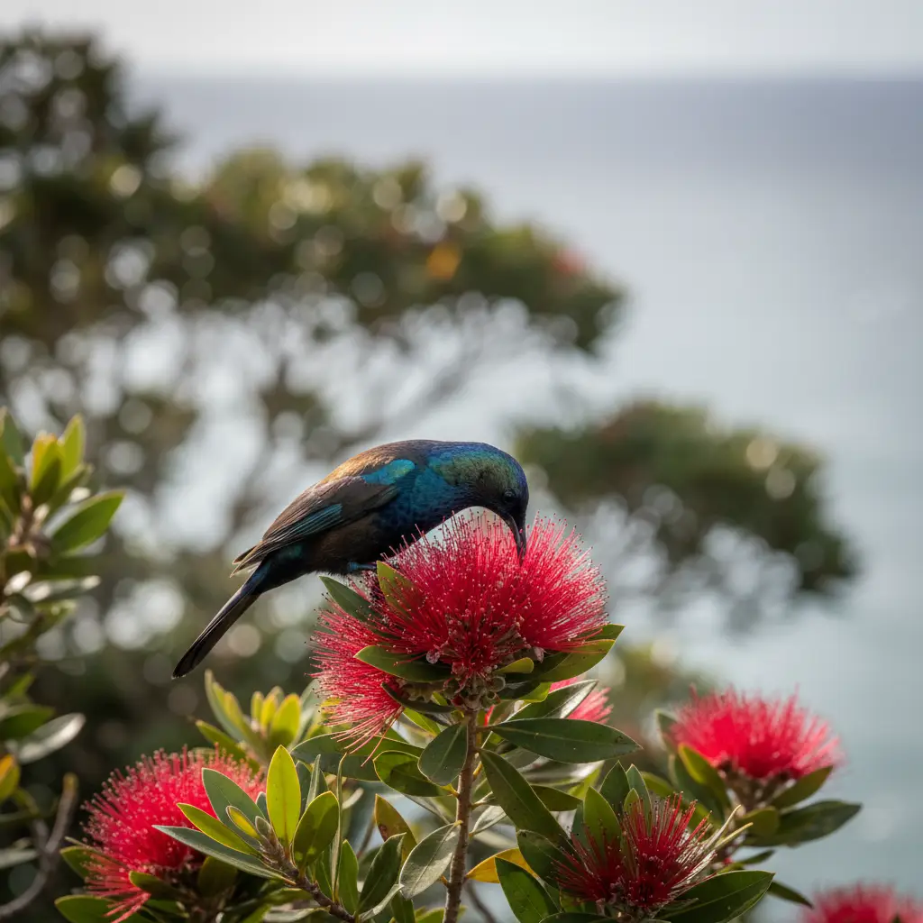 A Tui bird feeding on Pohutukawa nectar along the coastal walkway