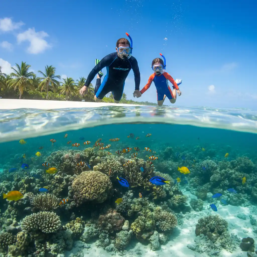 Parent and child snorkeling safely at Goat Island