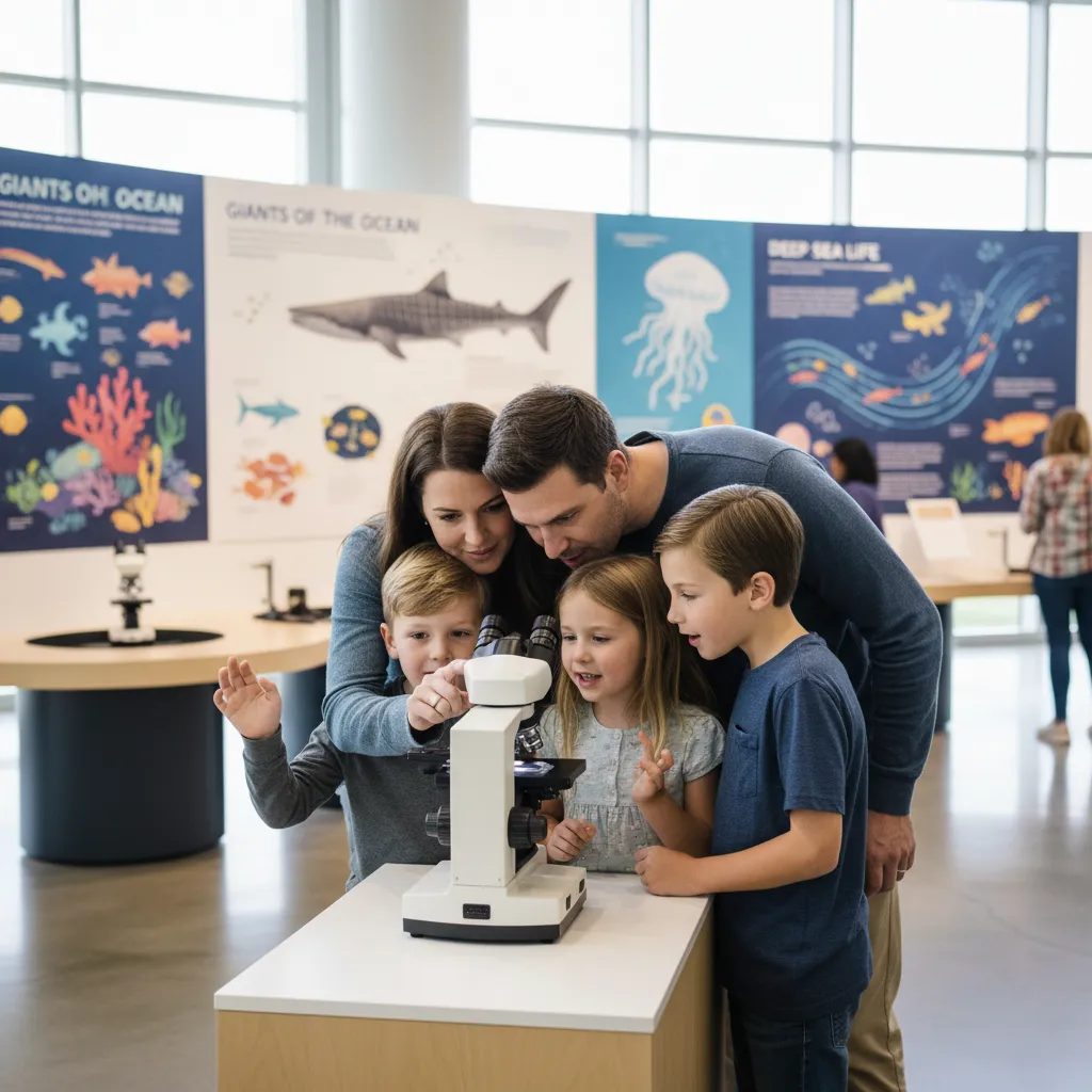 Family engaging with scientific exhibits at the Marine Discovery Centre