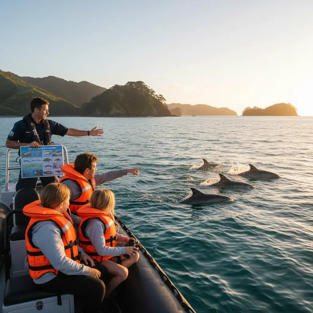 Tourists observing marine wildlife responsibly in New Zealand