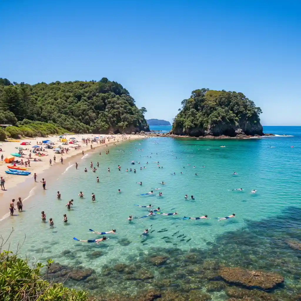 Crowds enjoying Goat Island Marine Reserve in summer