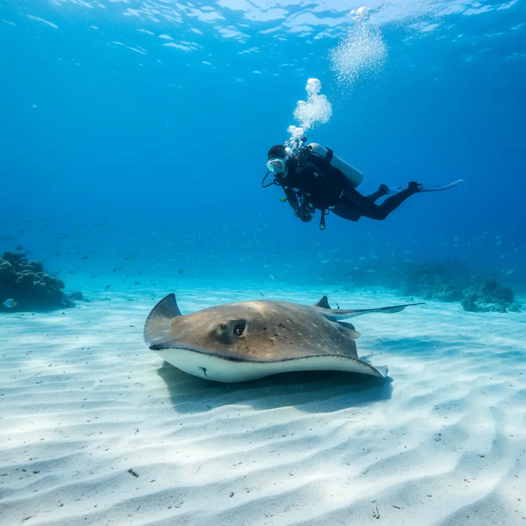 Snorkeler observing a stingray at Goat Island