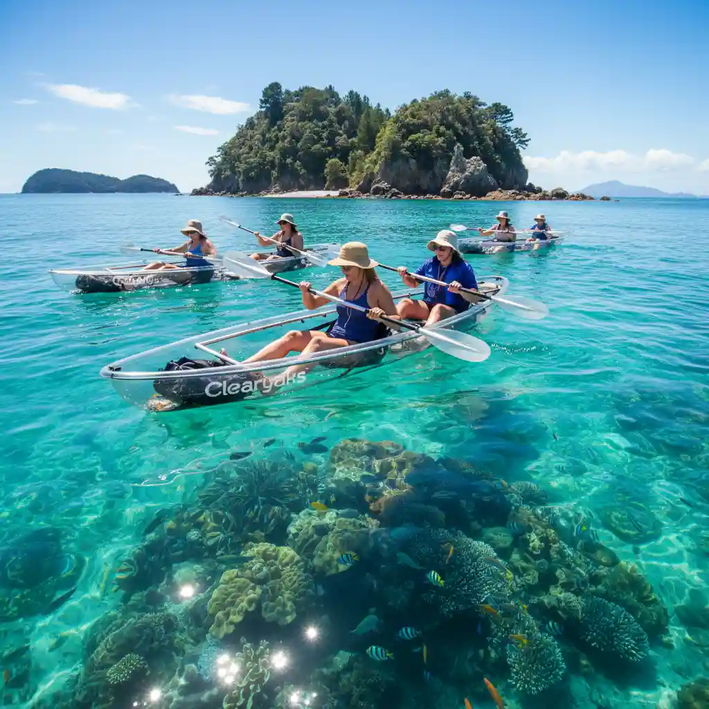 Tourists paddling clear kayaks at Goat Island Marine Reserve
