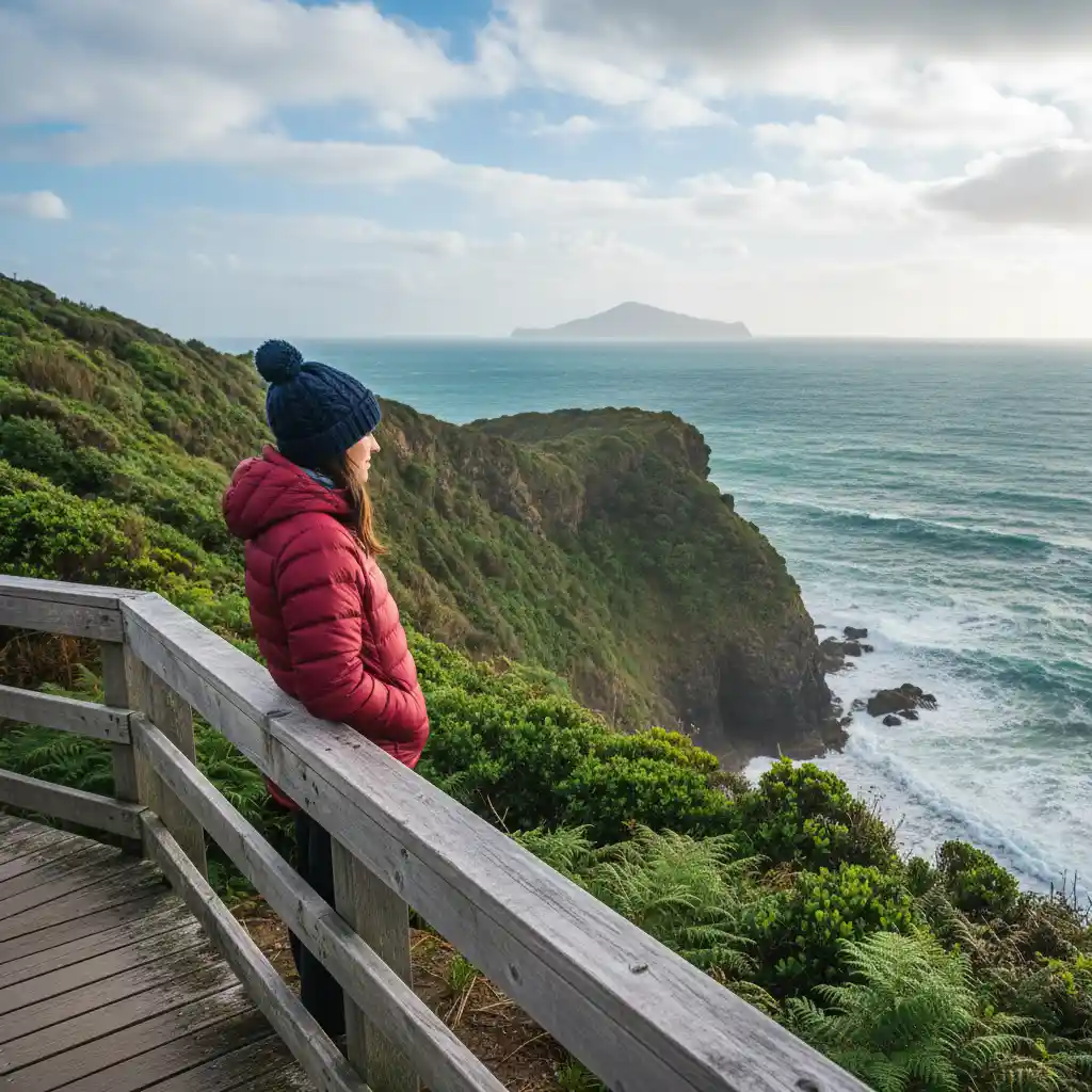 Hiker on Goat Island Walkway with ocean view
