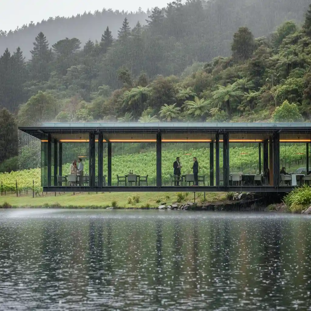 The Glass House at Brick Bay Wines overlooking the lake on a rainy day