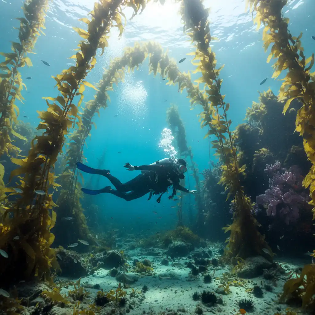 Diver navigating kelp forest in Goat Island Marine Reserve