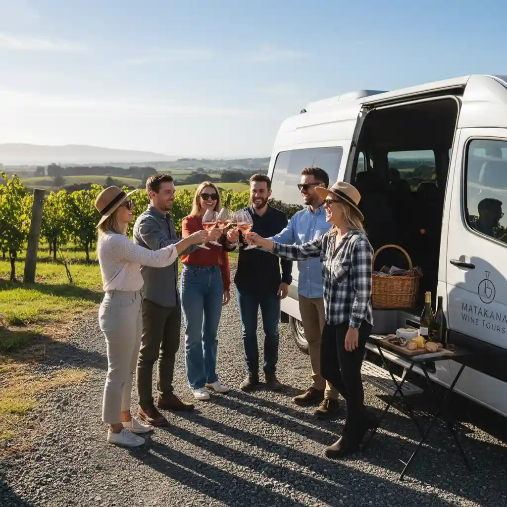Group enjoying a winery tour shuttle service in Matakana