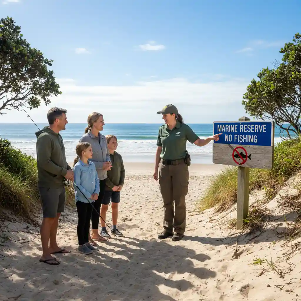 DOC Ranger explaining marine reserve rules to visitors