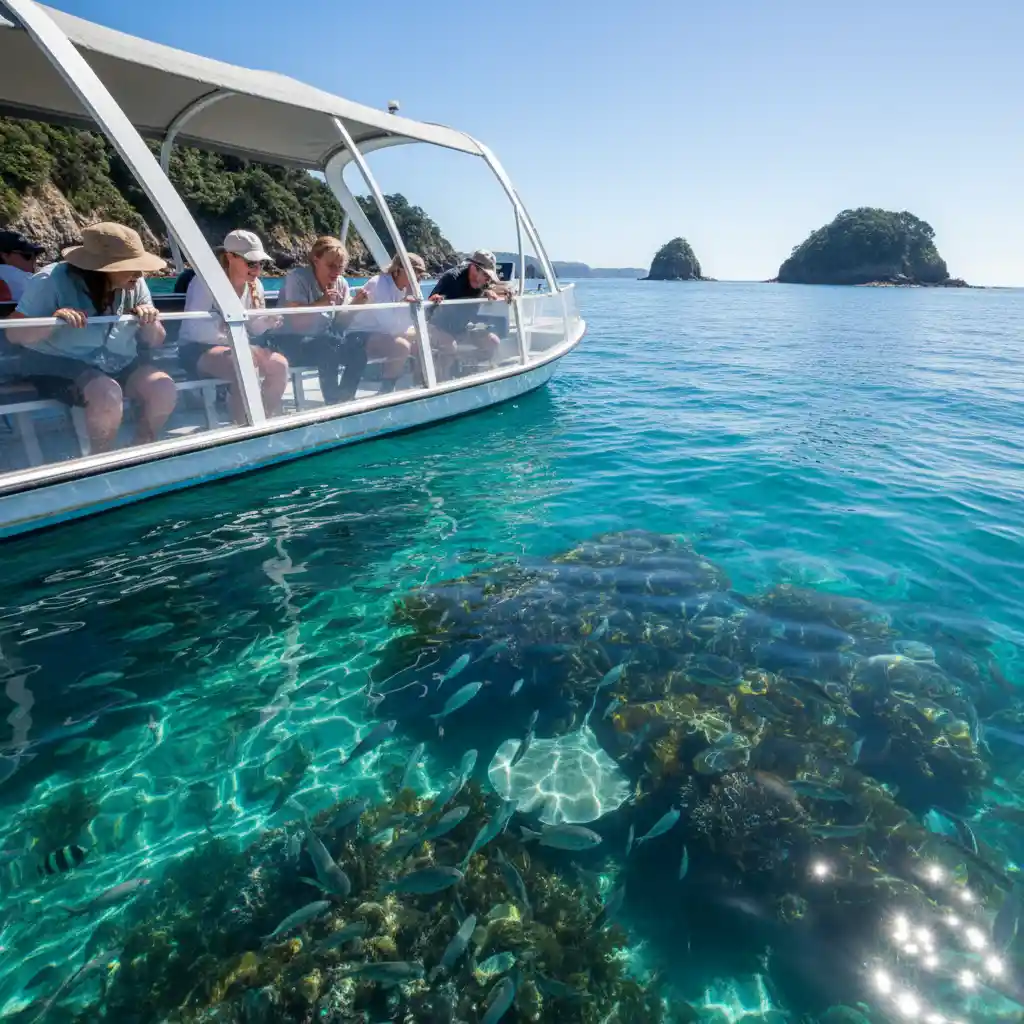 Glass bottom boat tour passengers viewing marine life