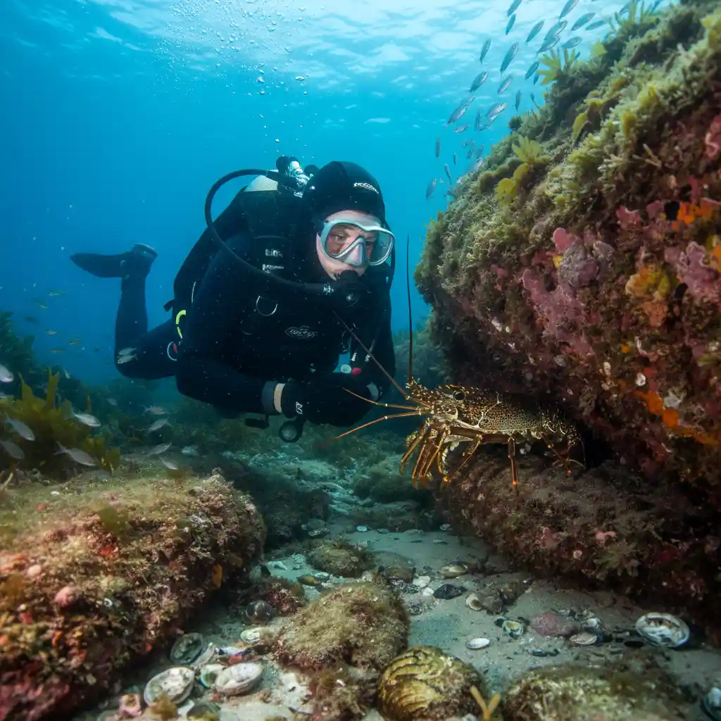 Diver observing crayfish in winter at Goat Island