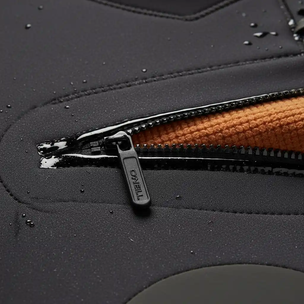 Close up of high quality wetsuit seams and thermal lining
