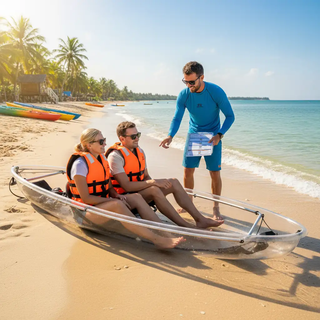 Instructor giving safety briefing for clear kayak rental