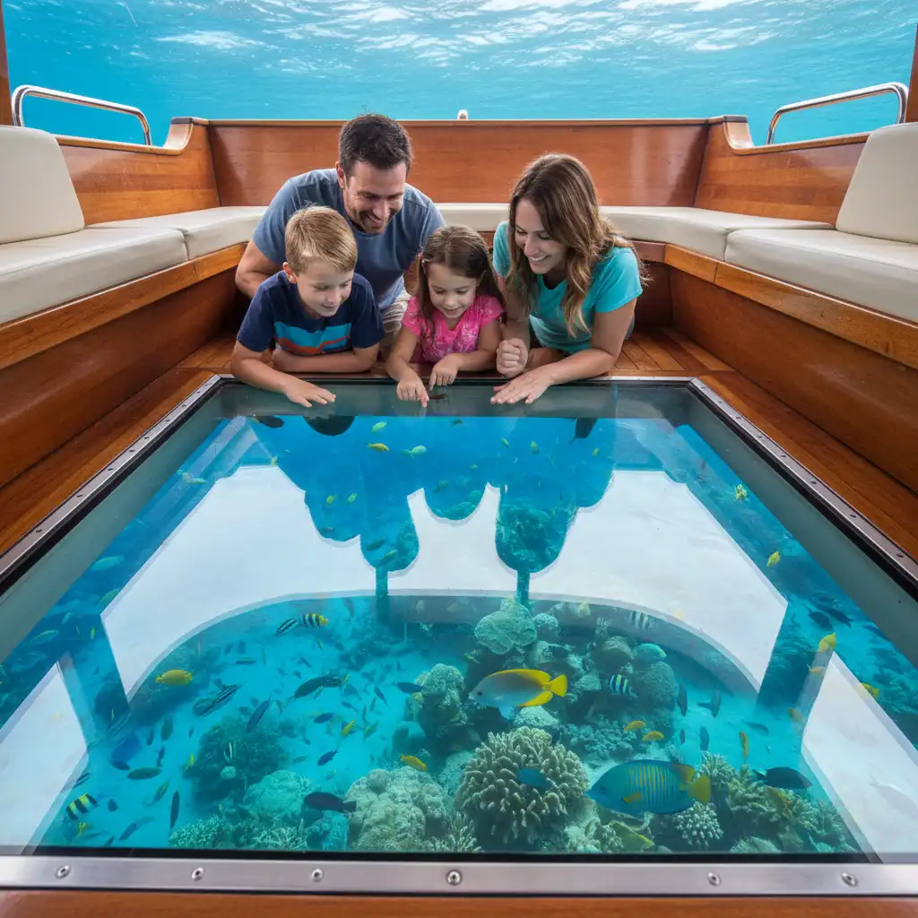 Family viewing fish through a glass bottom boat