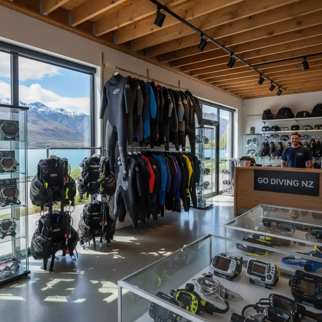 Interior of a professional dive shop with scuba gear
