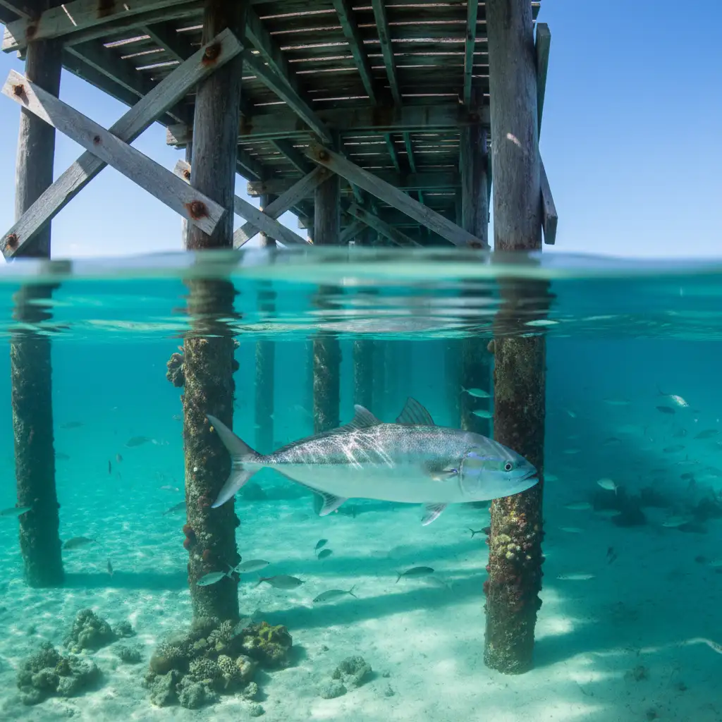 Kingfish swimming near Leigh Wharf piles
