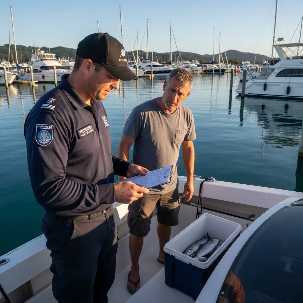 MPI Fisheries Officer inspecting catch for snapper size limit compliance