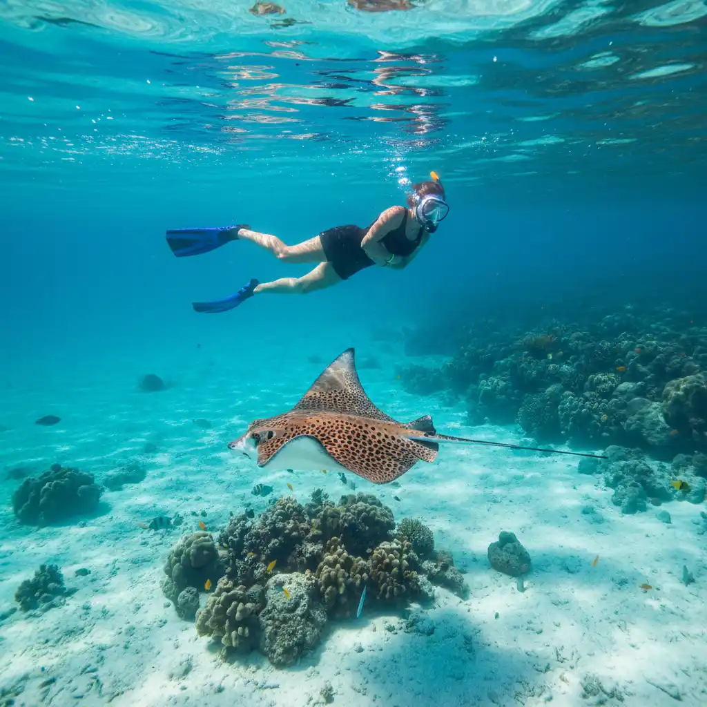 Snorkeler practicing safe passive observation of a stingray