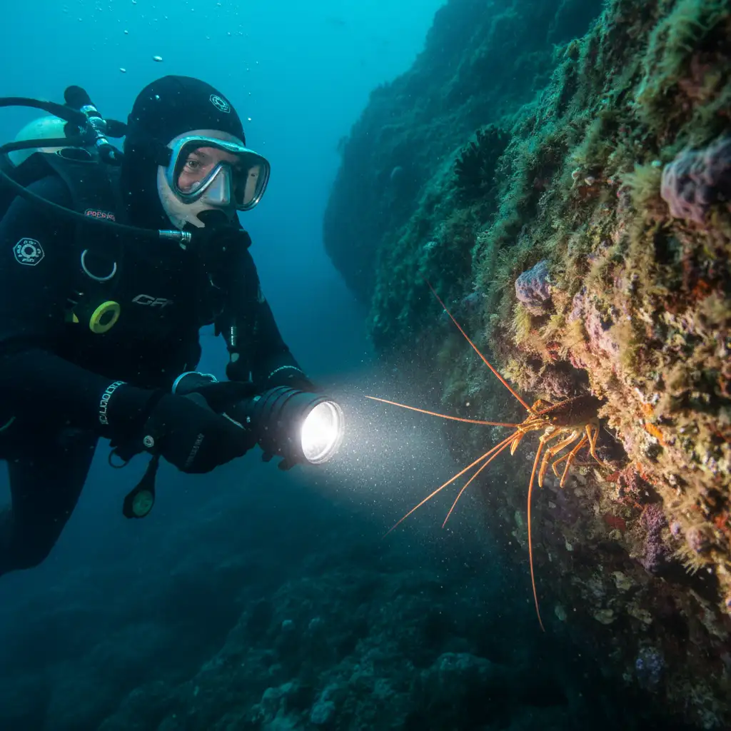 Diver spotting crayfish in rocky crevice