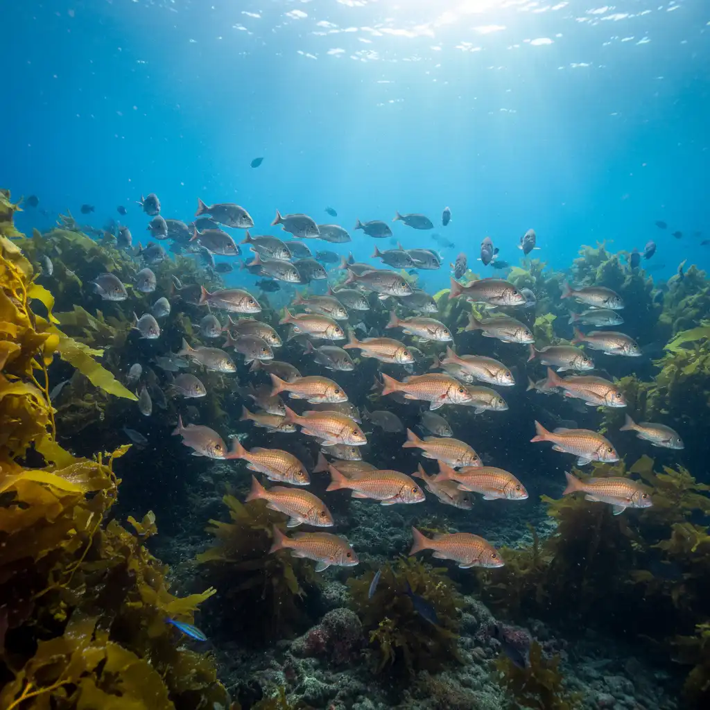 Abundant Snapper and healthy kelp forest inside Goat Island Marine Reserve