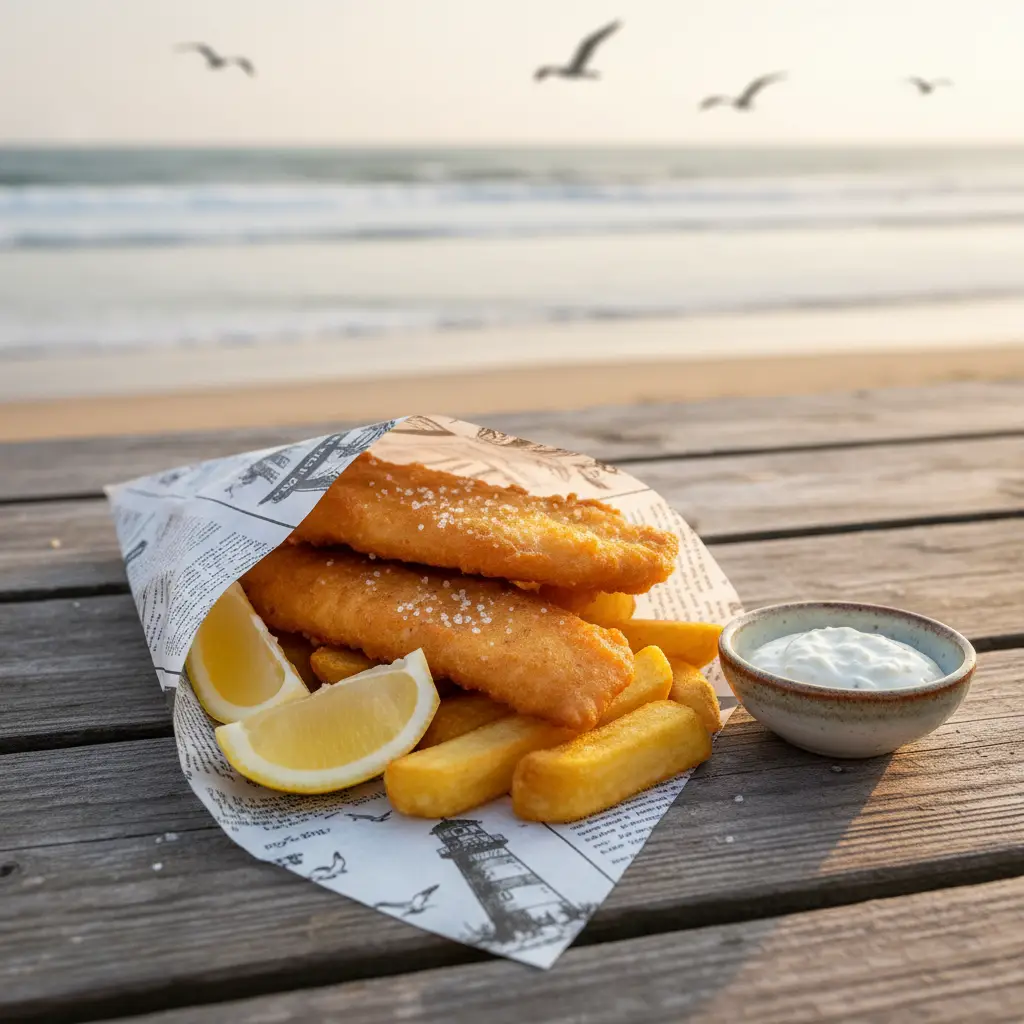Fresh fish and chips with lemon and tartare sauce