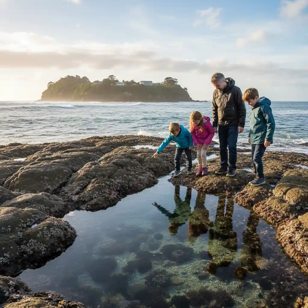 Family exploring rock pools at Goat Island