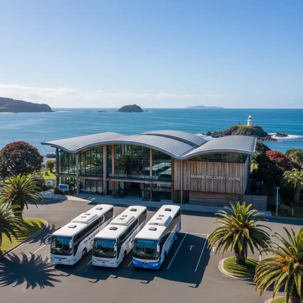 Exterior of Marine Discovery Centre with group transport facilities