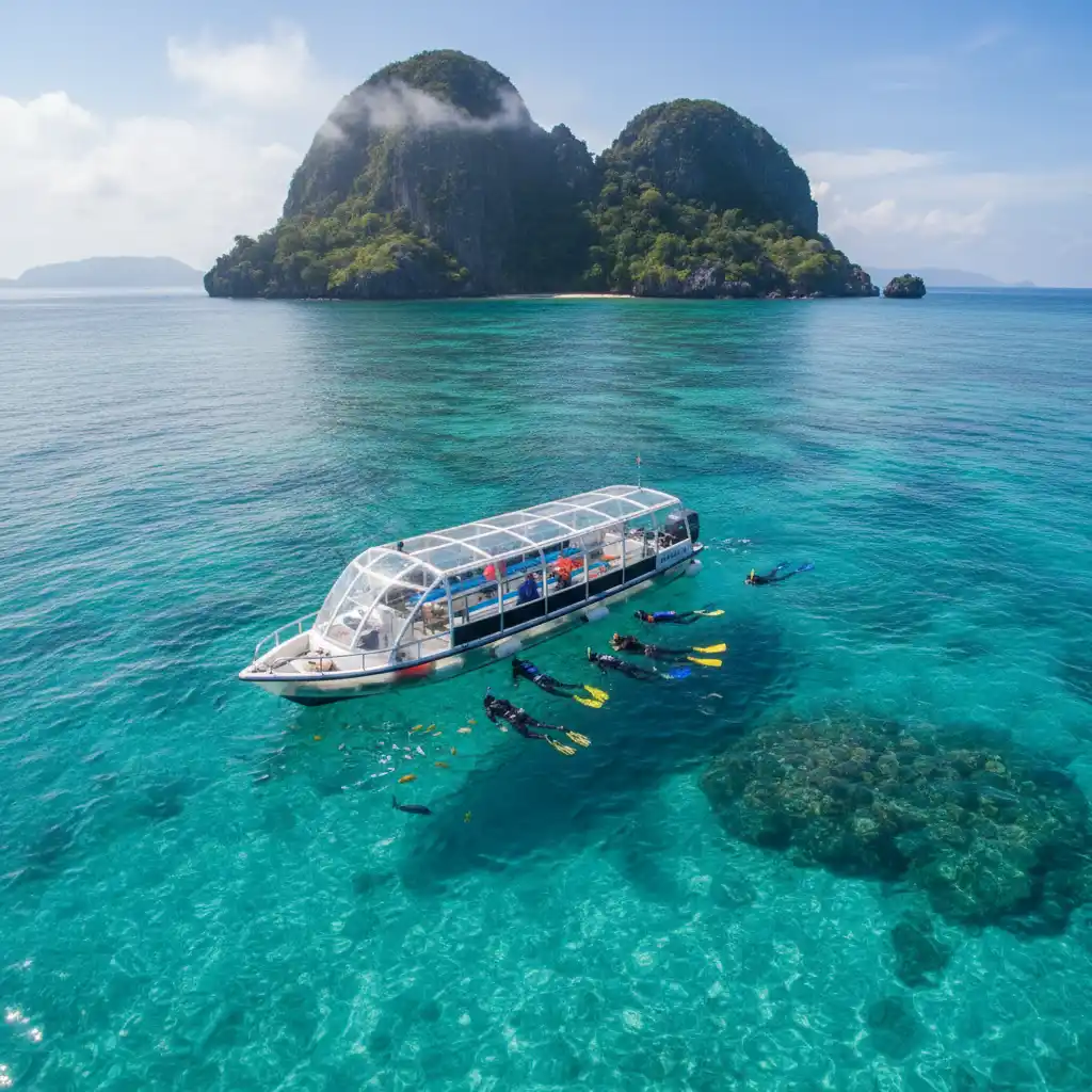 Glass bottom boat and snorkelers at Goat Island Marine Reserve