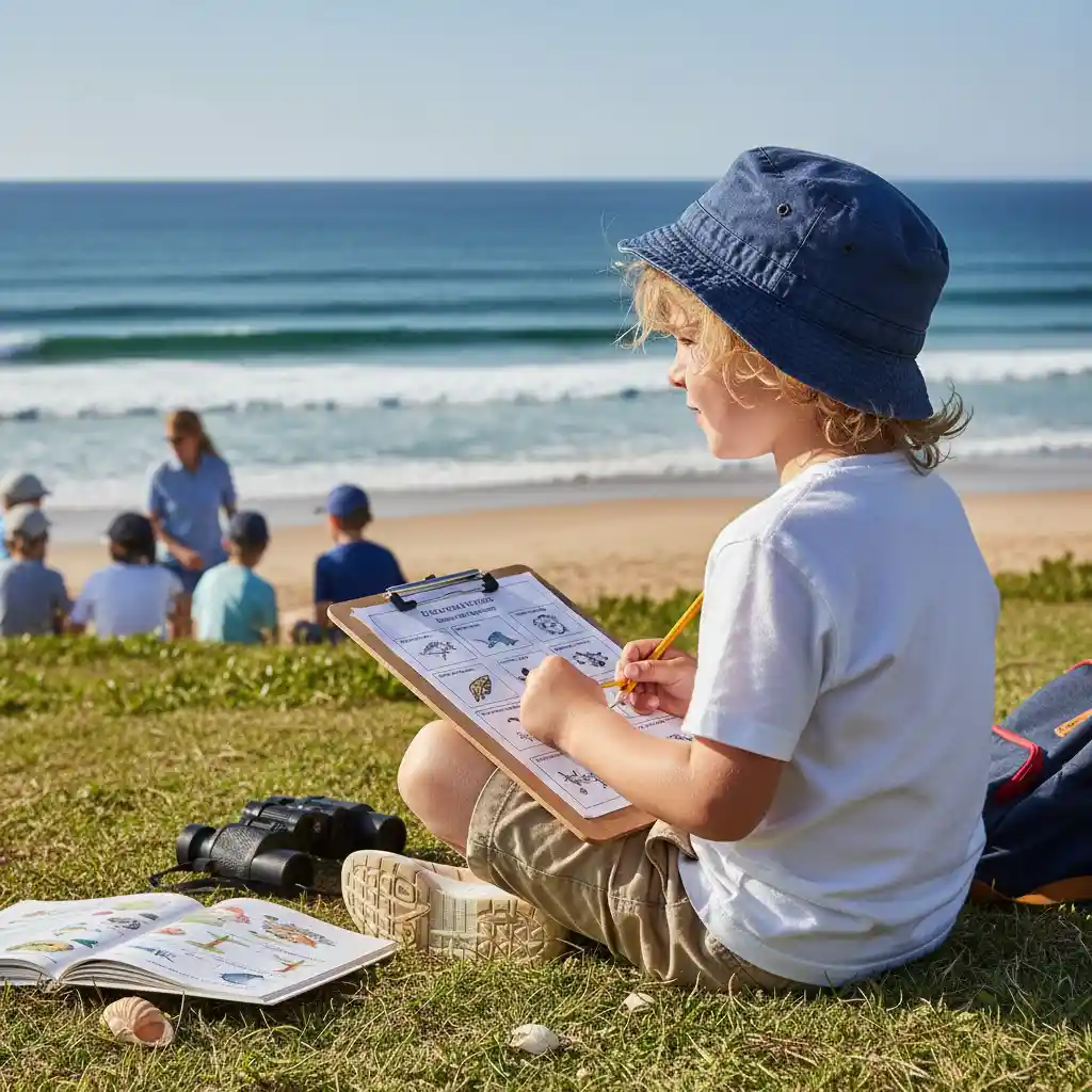 Child completing educational worksheets at Goat Island